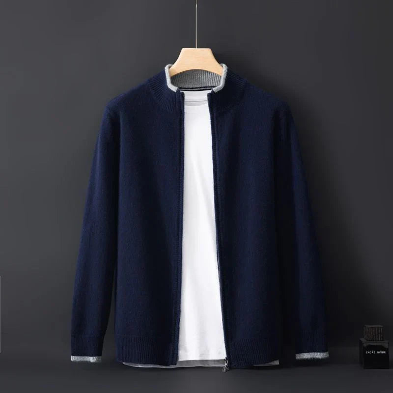 Unisex wool-look zip-up sweater neutral tone stand collar full-zip soft knit casual everyday layering piece