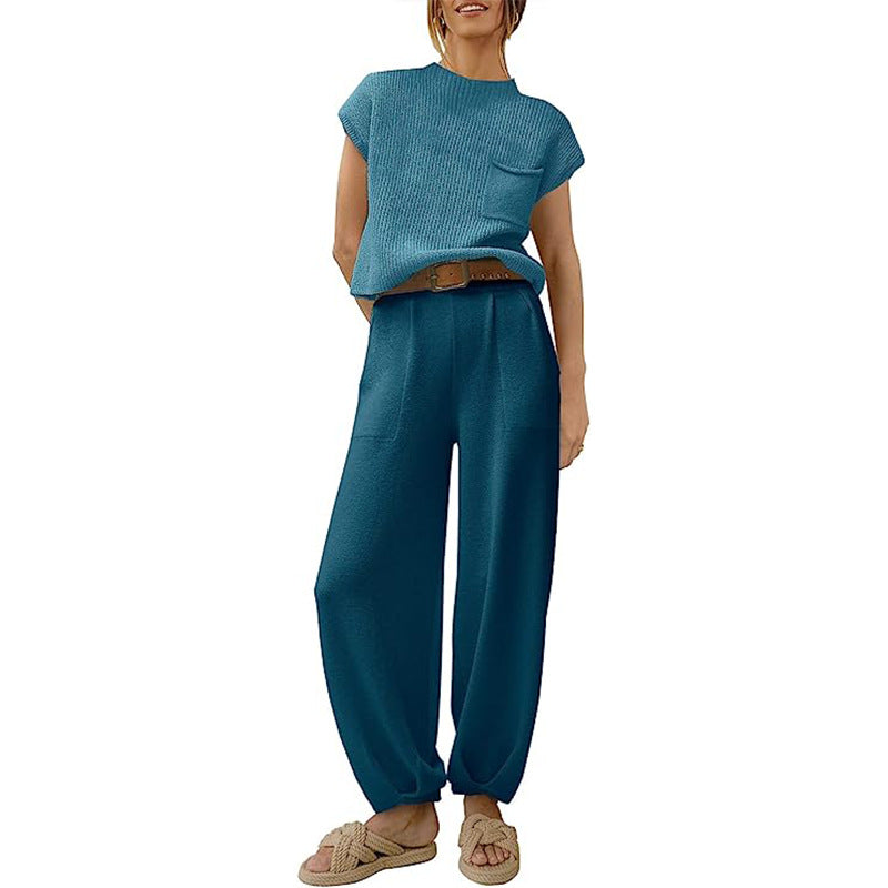 Women's soft cotton knit two-piece set cropped top with chest pocket and high-waist wide leg pants