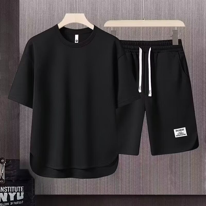 Men's relaxed fit cotton lounge set, short sleeve top and knee-length shorts, breathable summer style