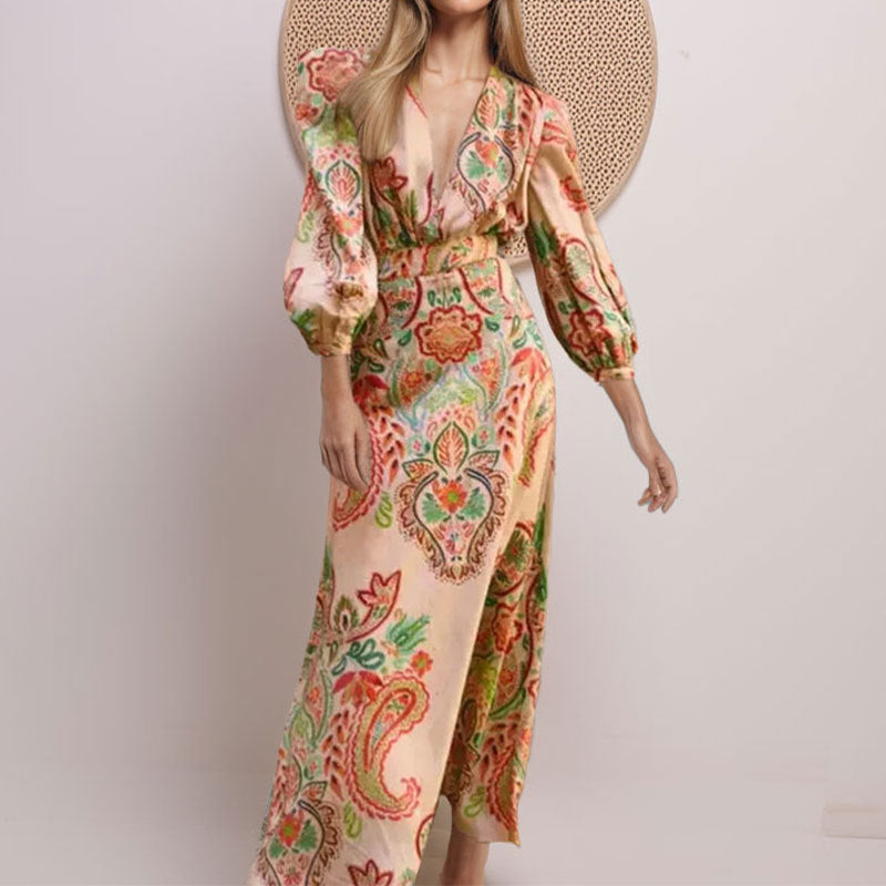 Women's A-line dress V-neck long sleeves paisley pattern formal elegant Nordic-Flair