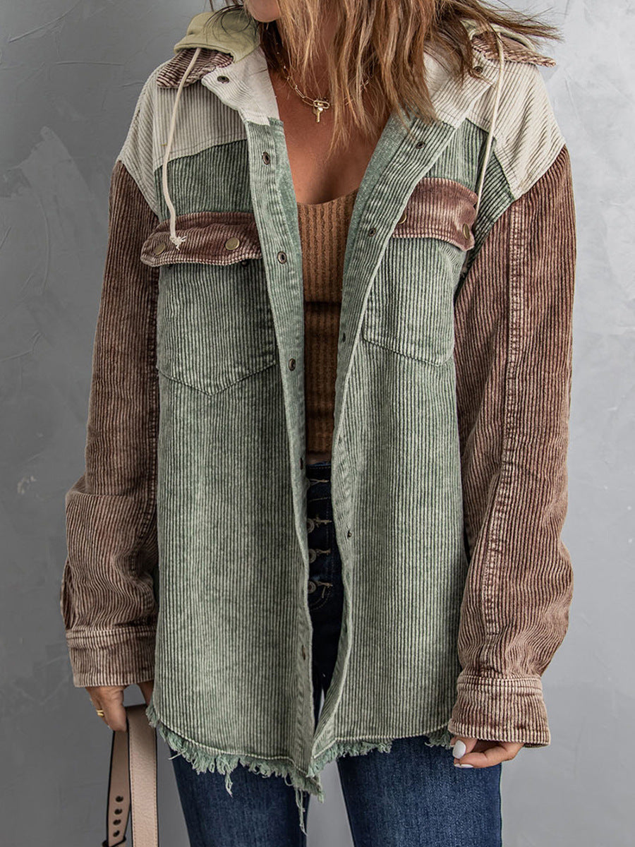 Women's oversized corduroy hooded jacket with fringed edges and button closure in chic casual style