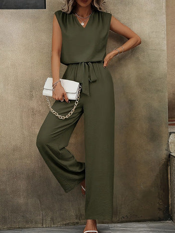 Women's sleeveless wide-leg jumpsuit V-neck adjustable waist polished one-piece for all-day comfort