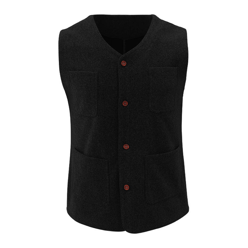 Men's charcoal wool-feel tailored vest with V-neck and button front for smart-casual or formal wear