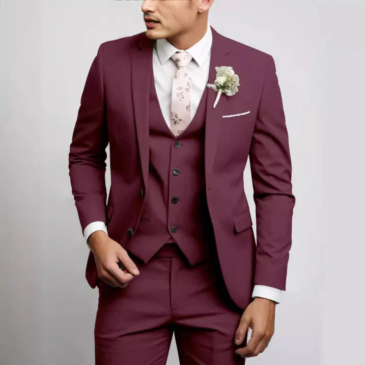 Men's slim fit three-piece wedding suit in classic formal style with matching vest and trousers