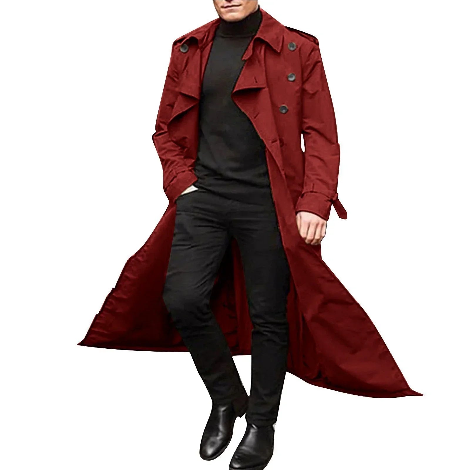 Men's tailored fit double-breasted trench coat with notched lapels, full-length professional silhouette