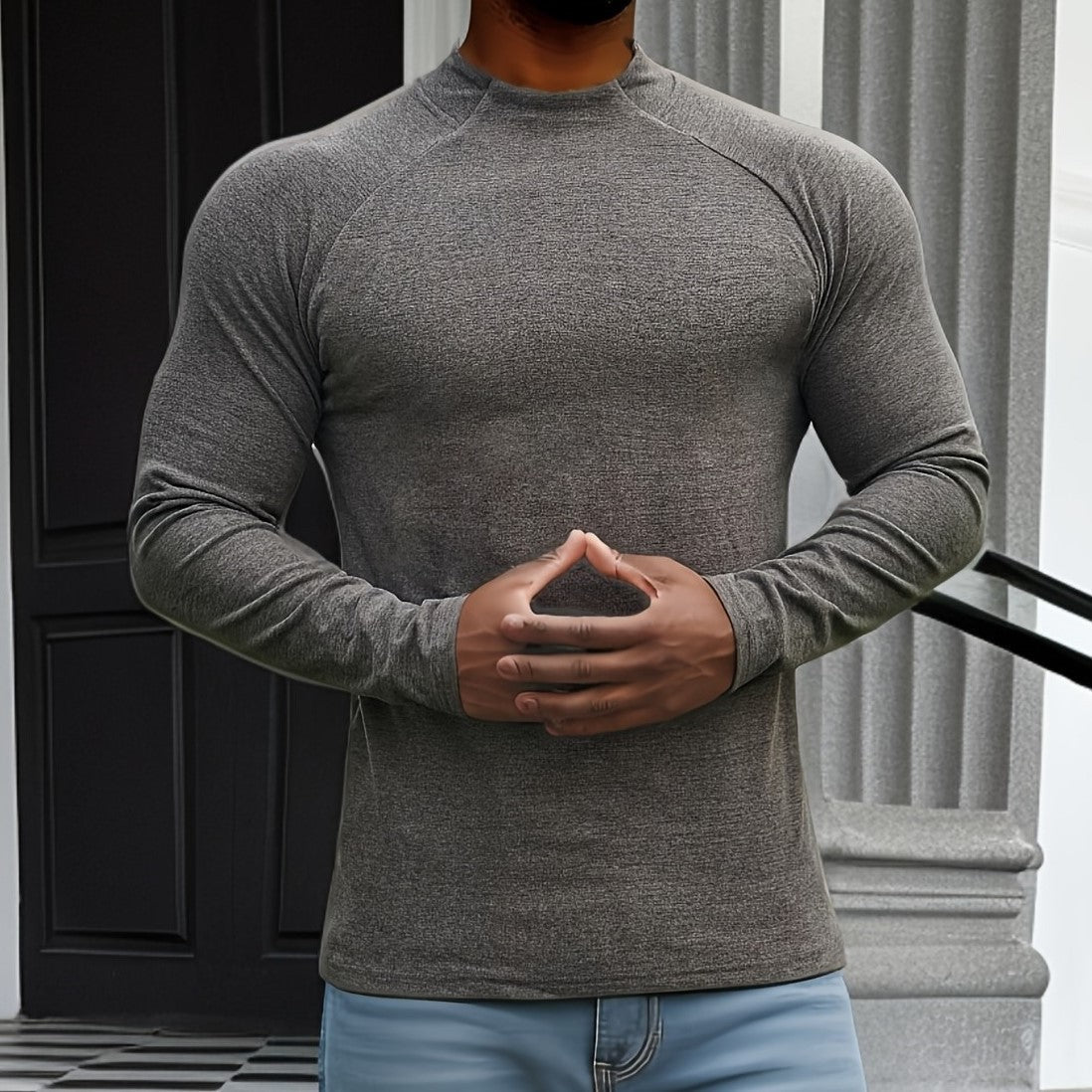 Men's slim fit long sleeve t-shirt soft stretch cotton raglan crew neck modern casual everyday top
