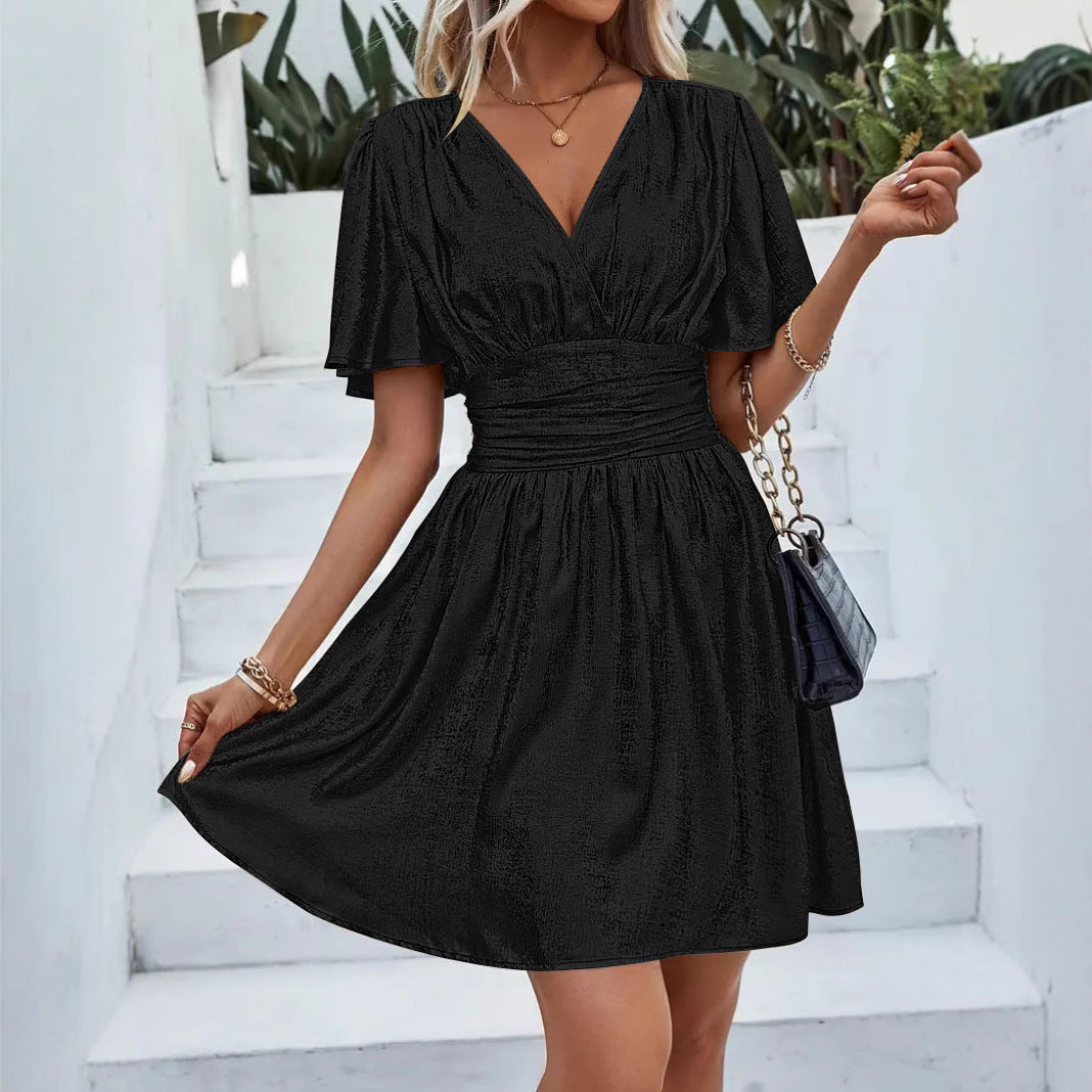 Womens shimmer wrap midi dress V-neck flutter sleeves A-line silhouette adjustable waist modern chic