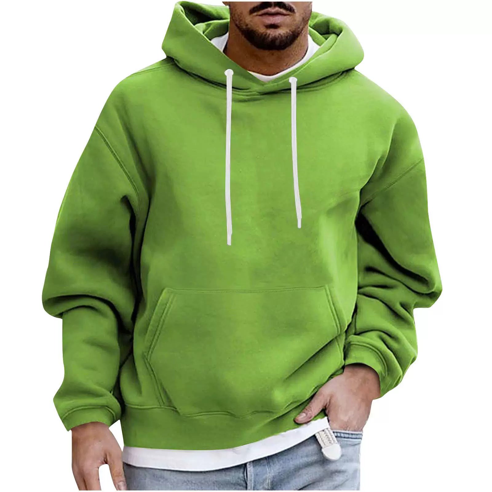 Men's beige fleece hoodie loose fit drop shoulder with kangaroo pocket cozy everyday layering