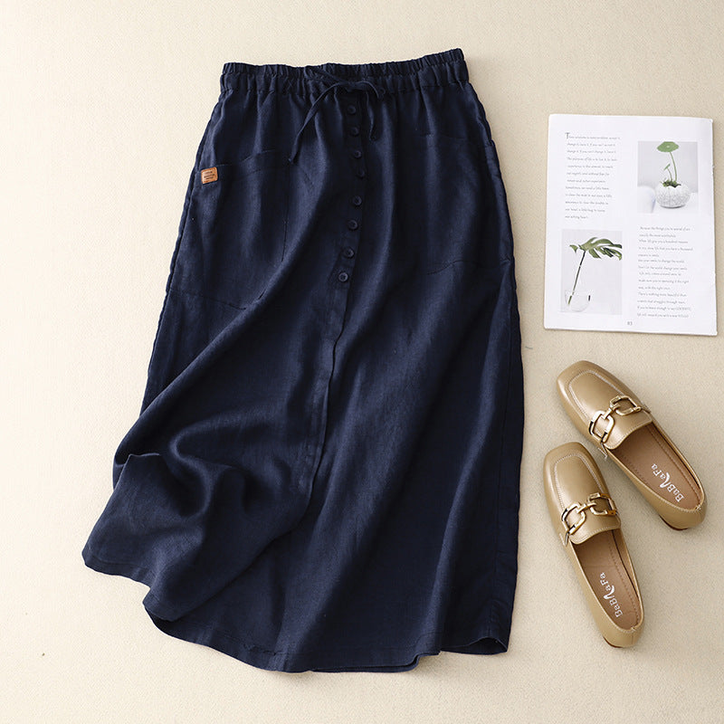 Women's natural fiber A-line midi skirt with drawstring waist and pockets for versatile everyday wear