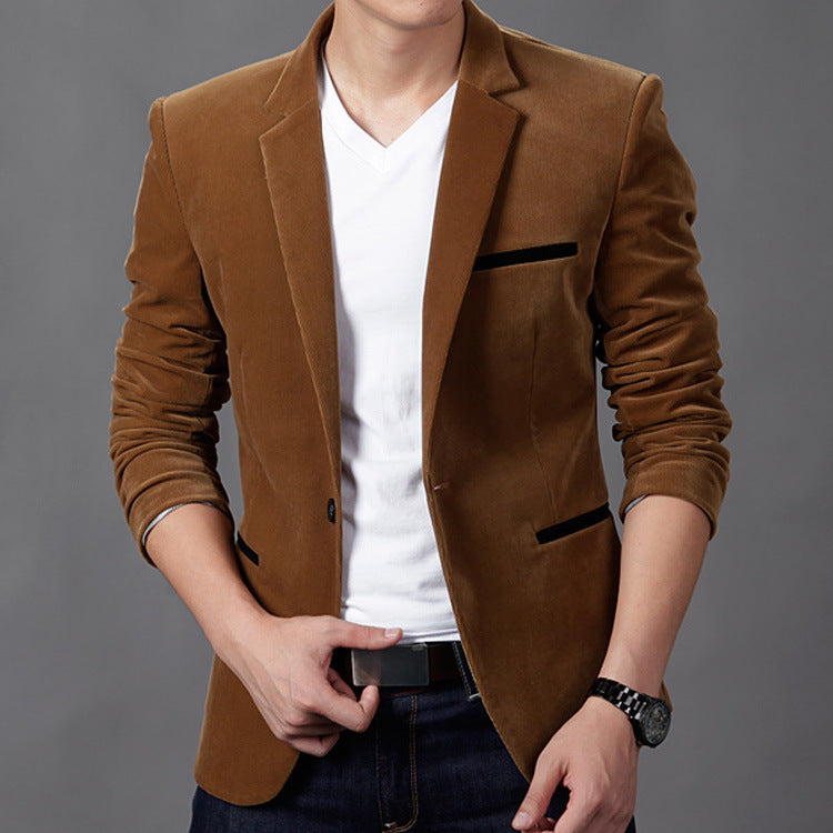 Men's brown corduroy slim fit blazer with notched lapel, structured shoulders, versatile smart-casual style