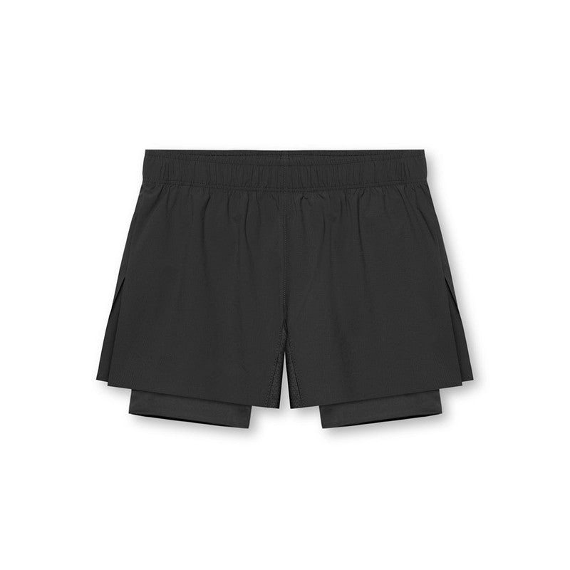 Men's black double-layer training shorts with built-in compression liner, lightweight breathable performance fit