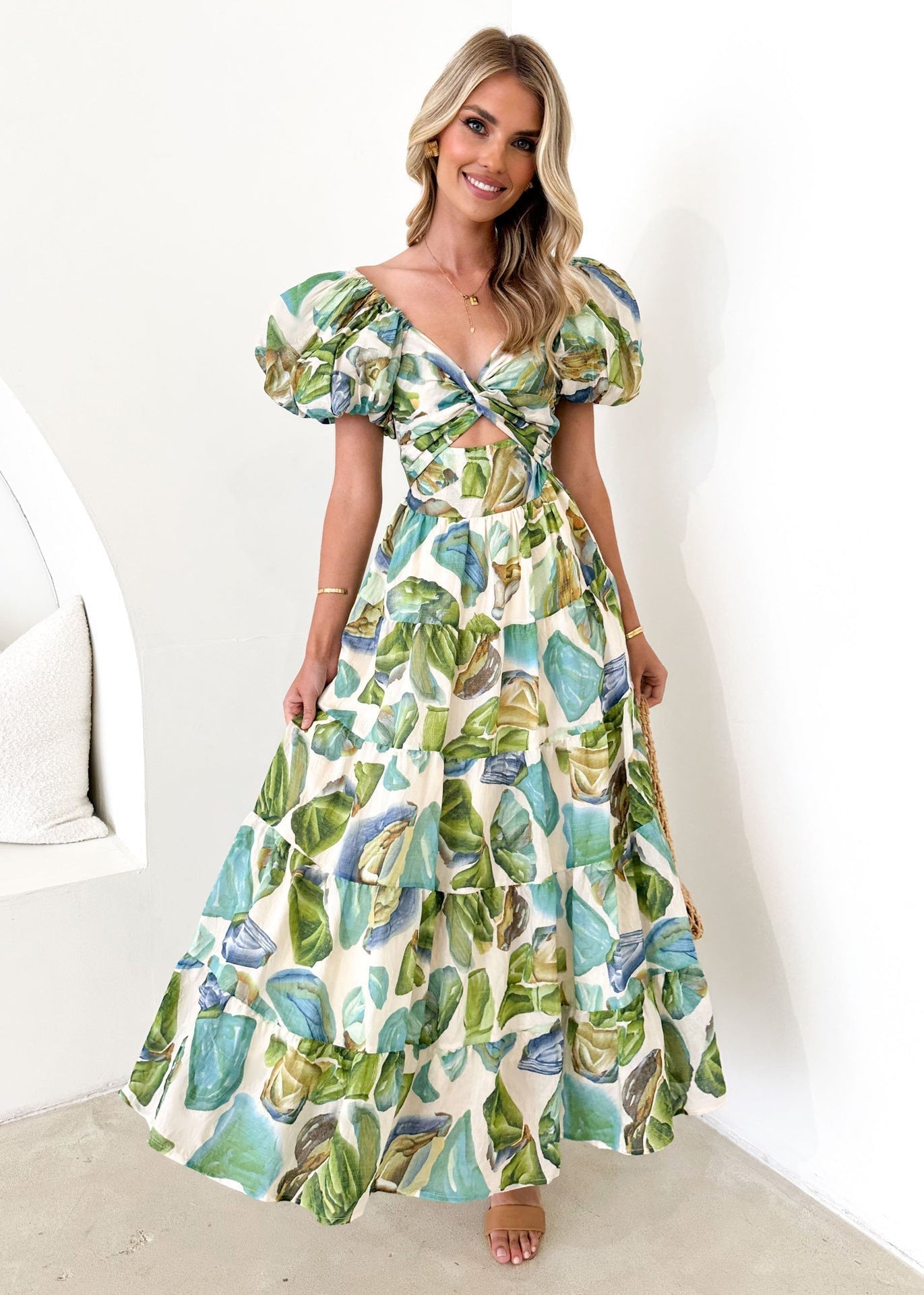 Floral print maxi dress off-shoulder puff sleeves smocked waist flattering fit for women