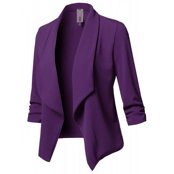 Women's soft knit open-front blazer with draped waterfall collar, relaxed silhouette lightweight layer