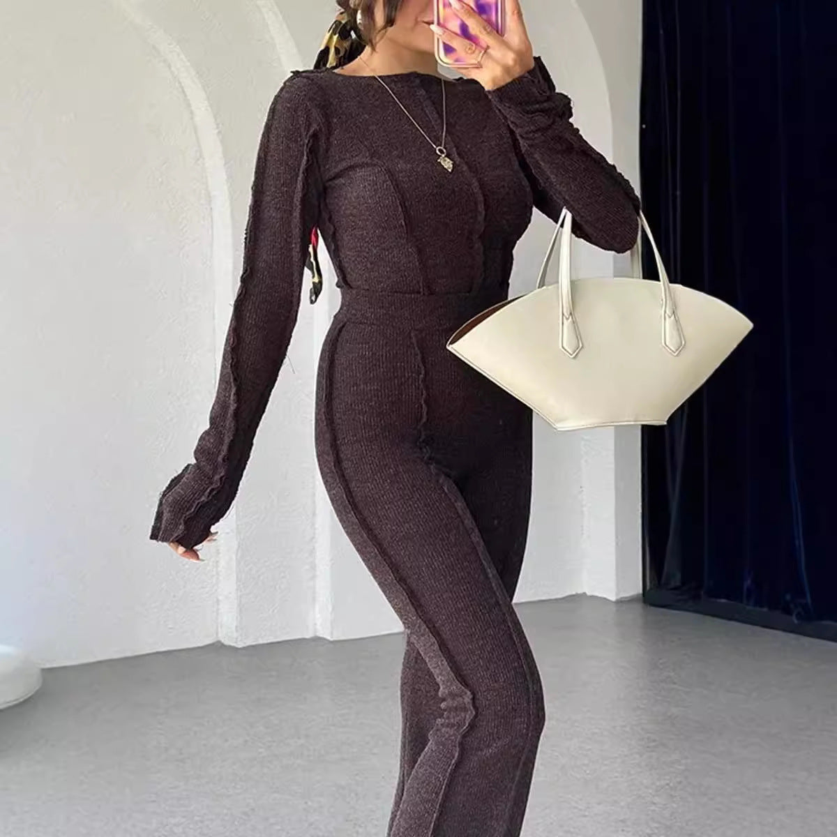 Women's slim fit cropped knit set with high-waisted pants, long sleeves, two-piece coordinated style