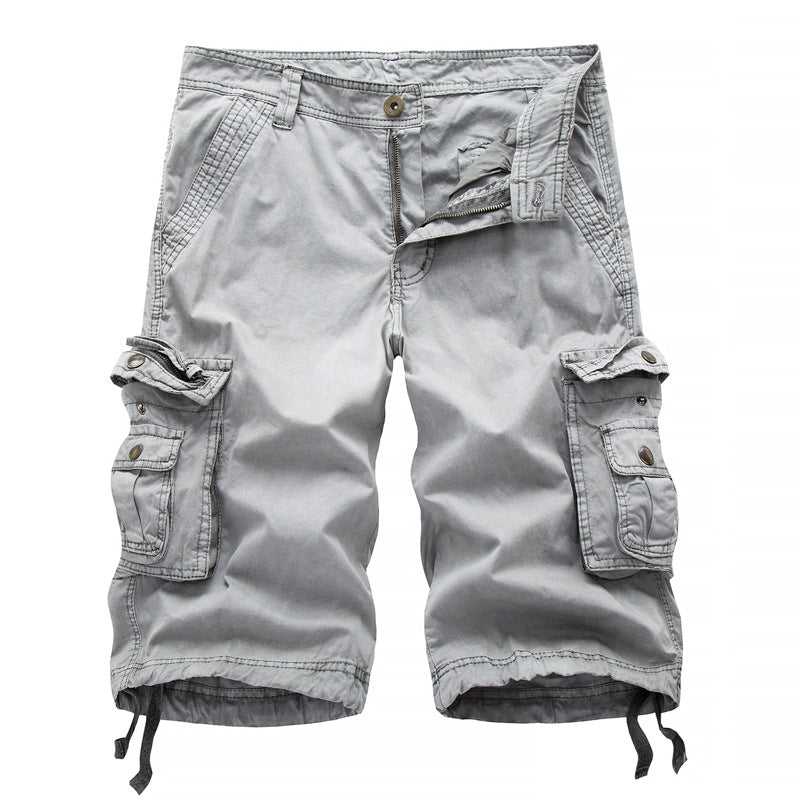 Men's khaki relaxed fit knee-length cargo shorts with multi-pocket design for outdoor adventures