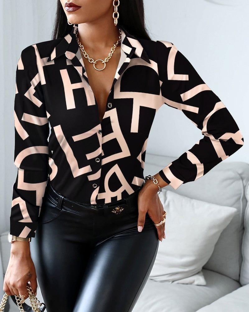 Women's satin shirt chain pattern print classic collar button-down long sleeves elegant office wear