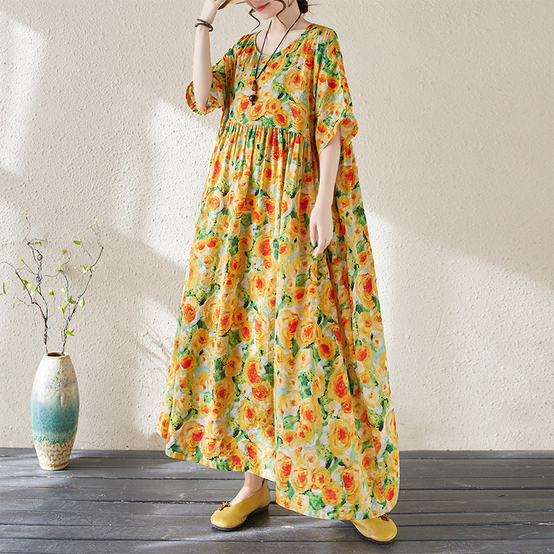 Women's floral maxi dress loose fit three-quarter sleeves lightweight cotton blend vacation-ready