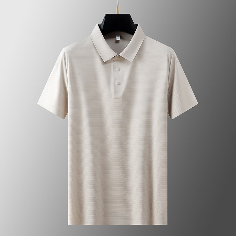 Men's ivory ice silk polo shirt classic fit with textured ribbed detail, lightweight breathable fabric
