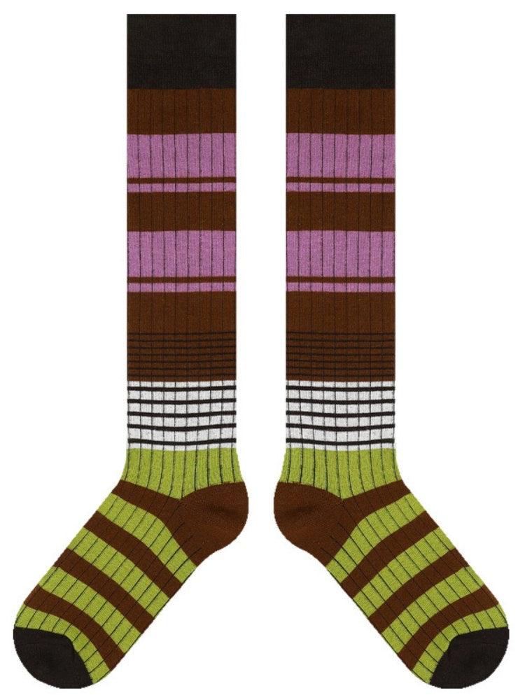 Women's striped knee-high socks in multicolor retro-chic design, breathable cotton for everyday wear