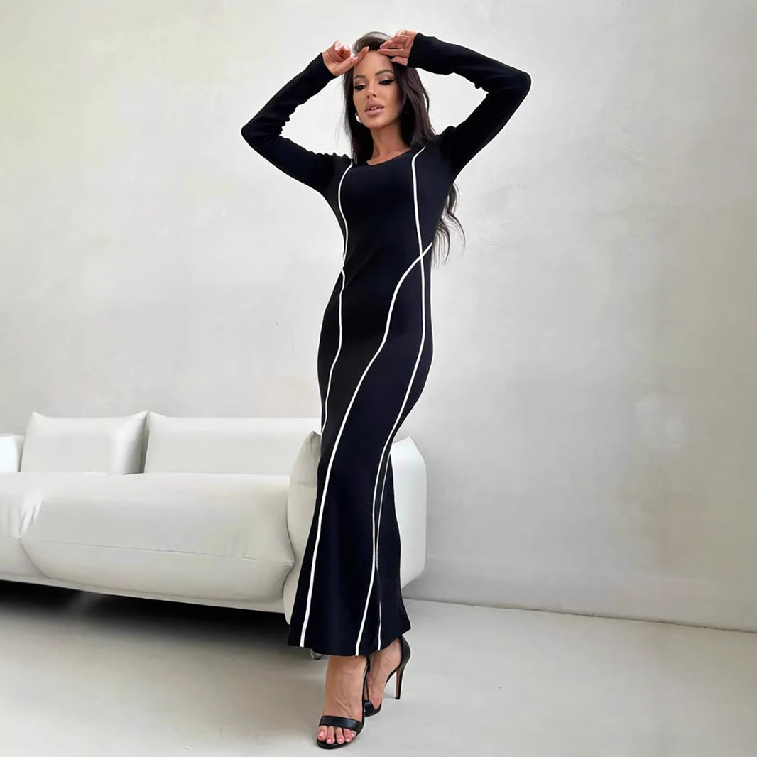 Black maxi bodycon evening dress long sleeves white contrast piping Nordic-Flair sleek floor-length