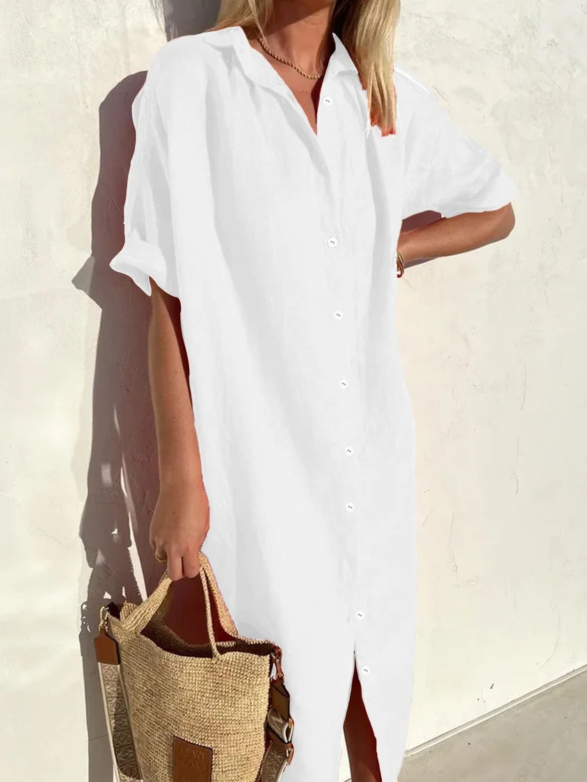 Women's cotton linen shirt dress relaxed fit short sleeve button closure breathable warm-weather style