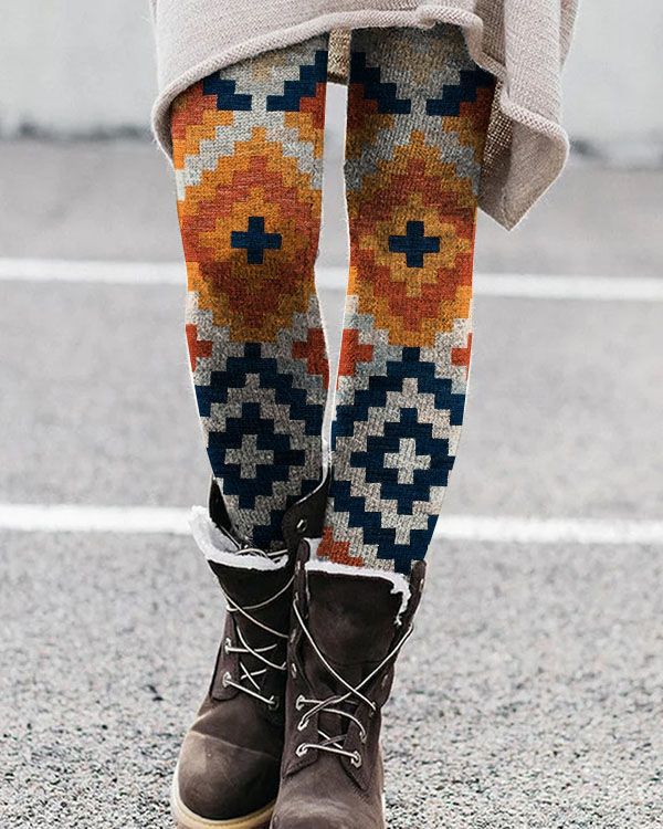 Women's full-length stretch knit leggings with bold geometric pattern, breathable fit for active wear