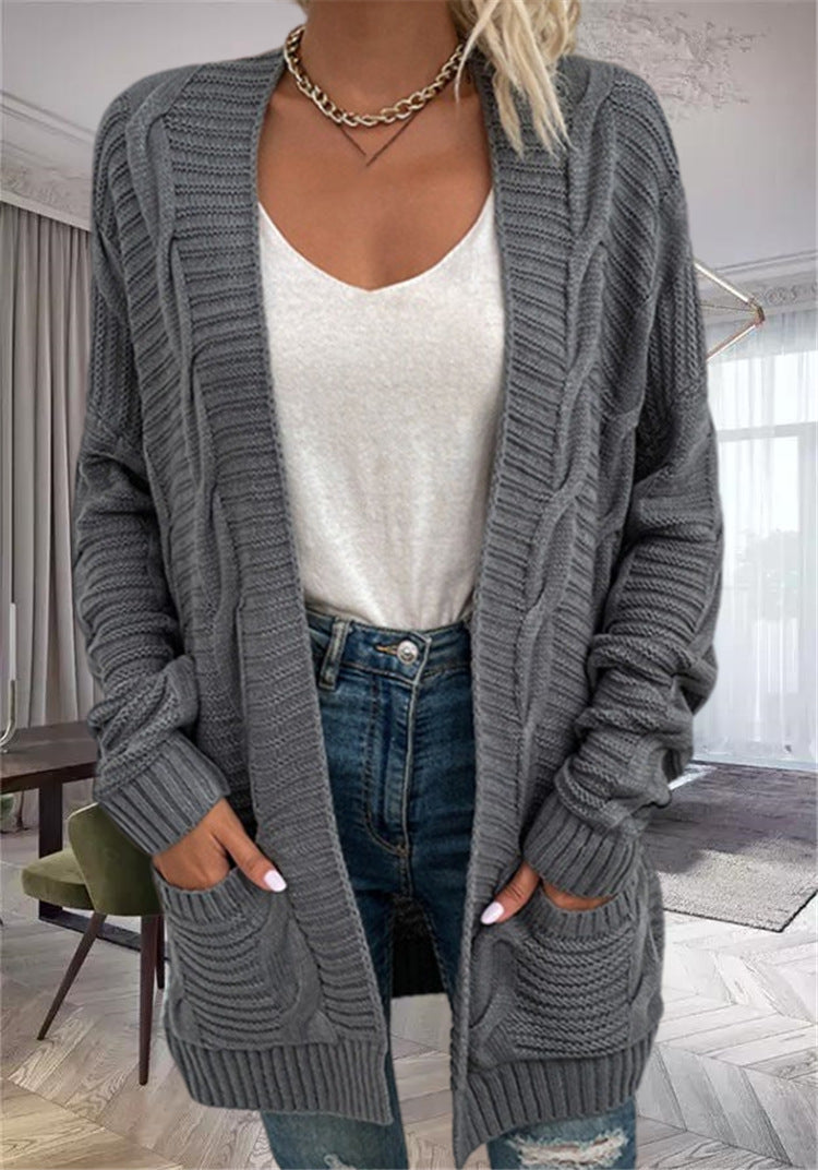 Women's oversized chunky knit open front cardigan wool blend with pockets, relaxed drapey fit