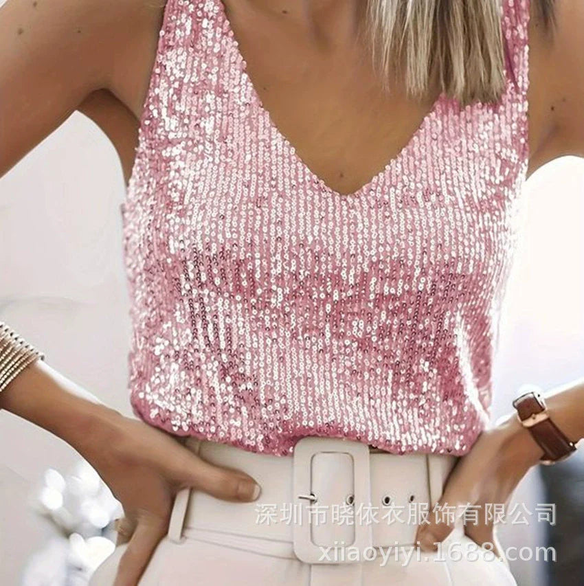 Women's silver sequined V-neck sleeveless top relaxed fit hip-length sparkle party style