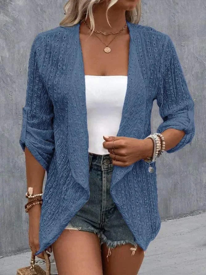 Women's open-front crocheted knit cardigan boho relaxed fit with textured breathable weave