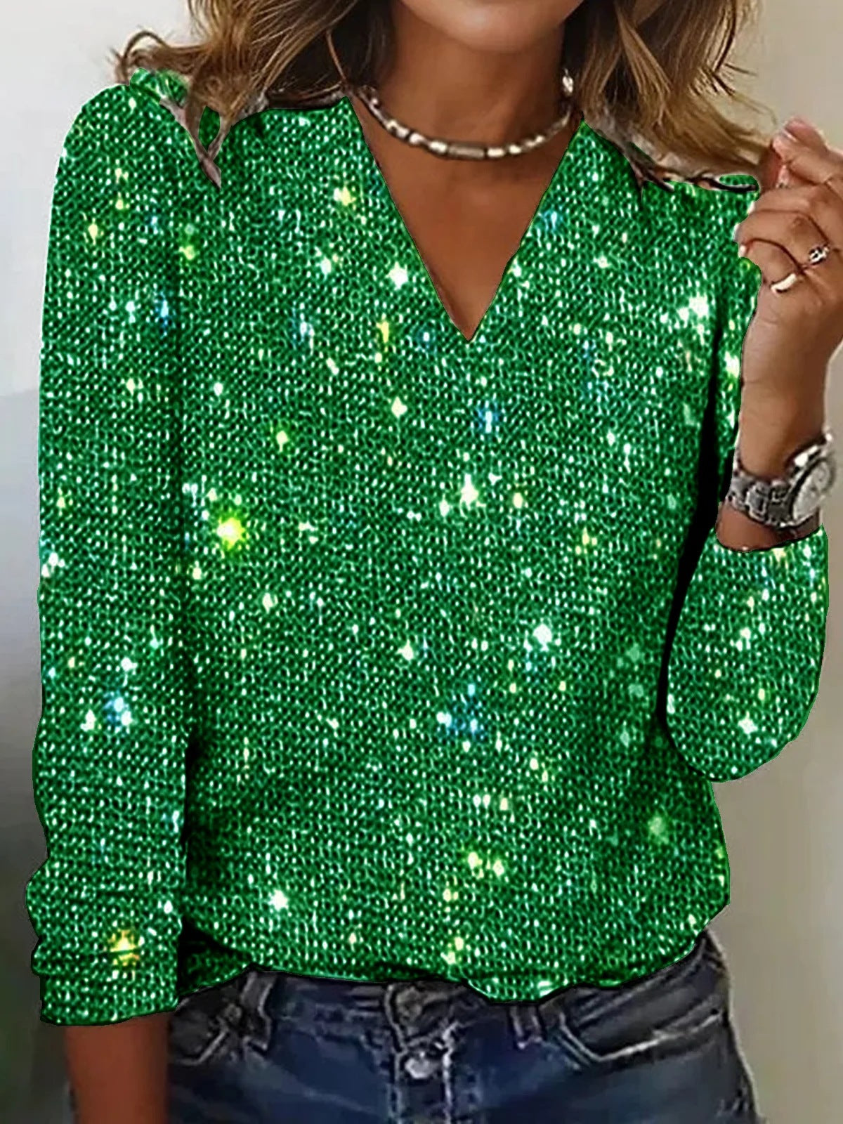 Women's shimmer knit V-neck blouse long sleeve textured regular fit chic day-to-night top