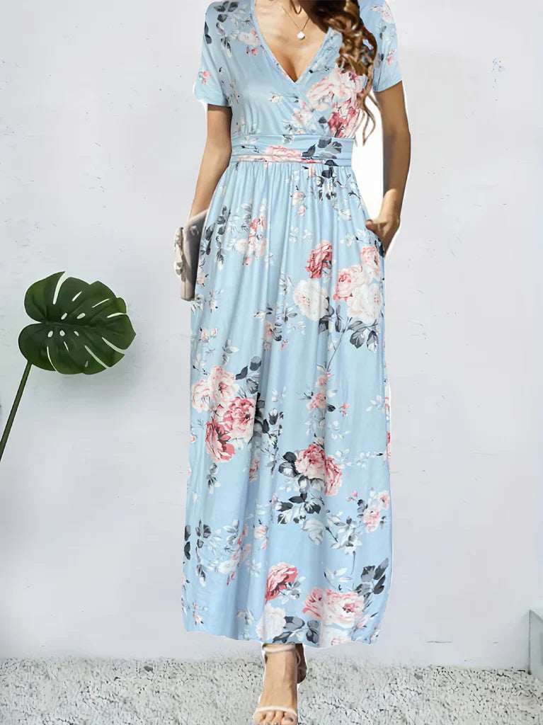 Women's floral maxi dress wrap-front cinched waist A-line silhouette warm-weather elegant style