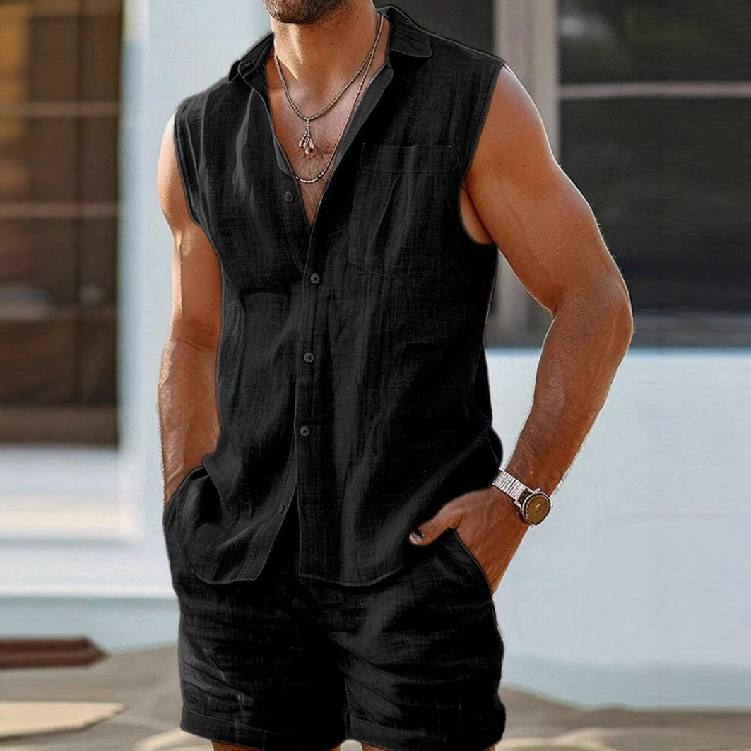 Men's cotton linen matching set sleeveless button-front shirt and shorts breathable relaxed-fit summer