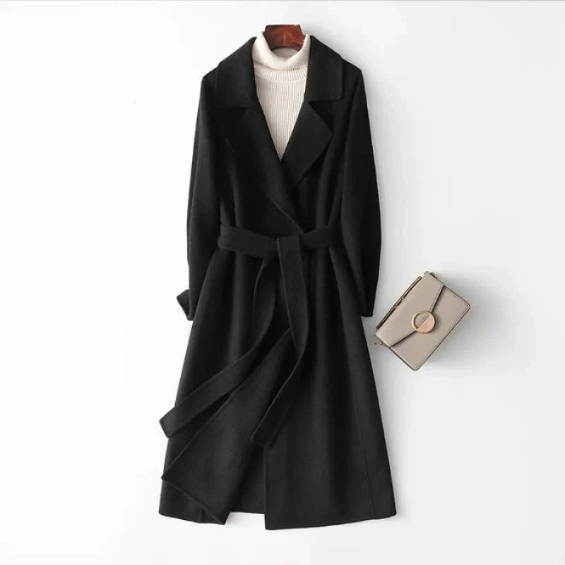 Women's belted wool wrap coat relaxed fit full-length lapel collar timeless elegant outerwear