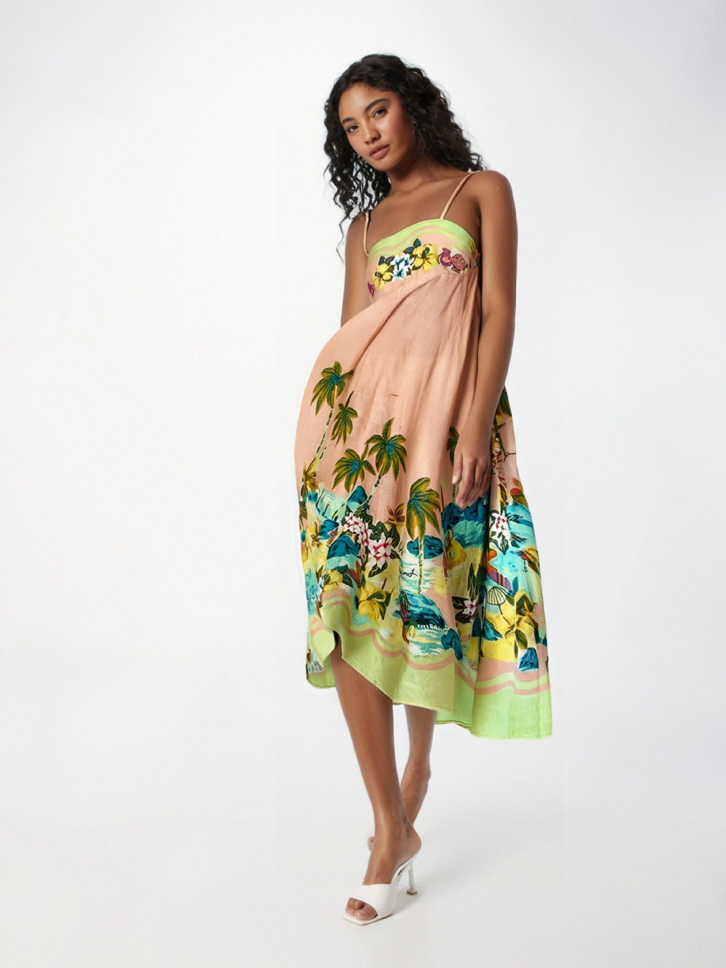 Women's strapless high-waist flowy maxi dress abstract print vacation style