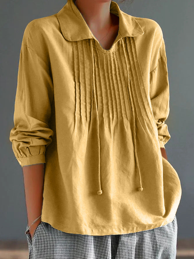 Women's relaxed-fit cotton linen long sleeve shirt with pleated front detail for everyday fashion