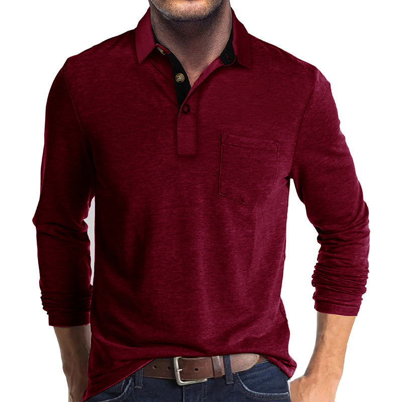 Men's light blue long sleeve cotton polo shirt relaxed fit with chest pocket and button placket