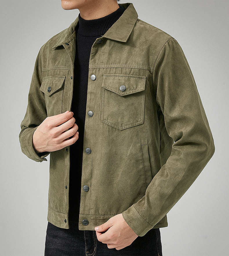 Men's brown suede-style casual jacket with front button closure and flap chest pocket