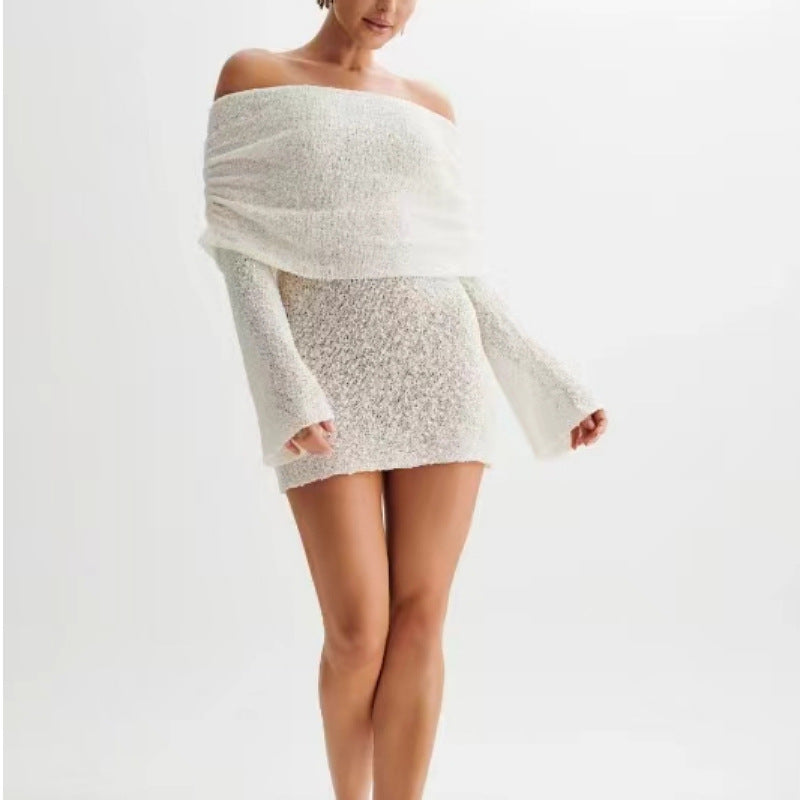 Women's off-shoulder slim fit knit beach dress, long sleeve, semi-transparent, light coastal chic