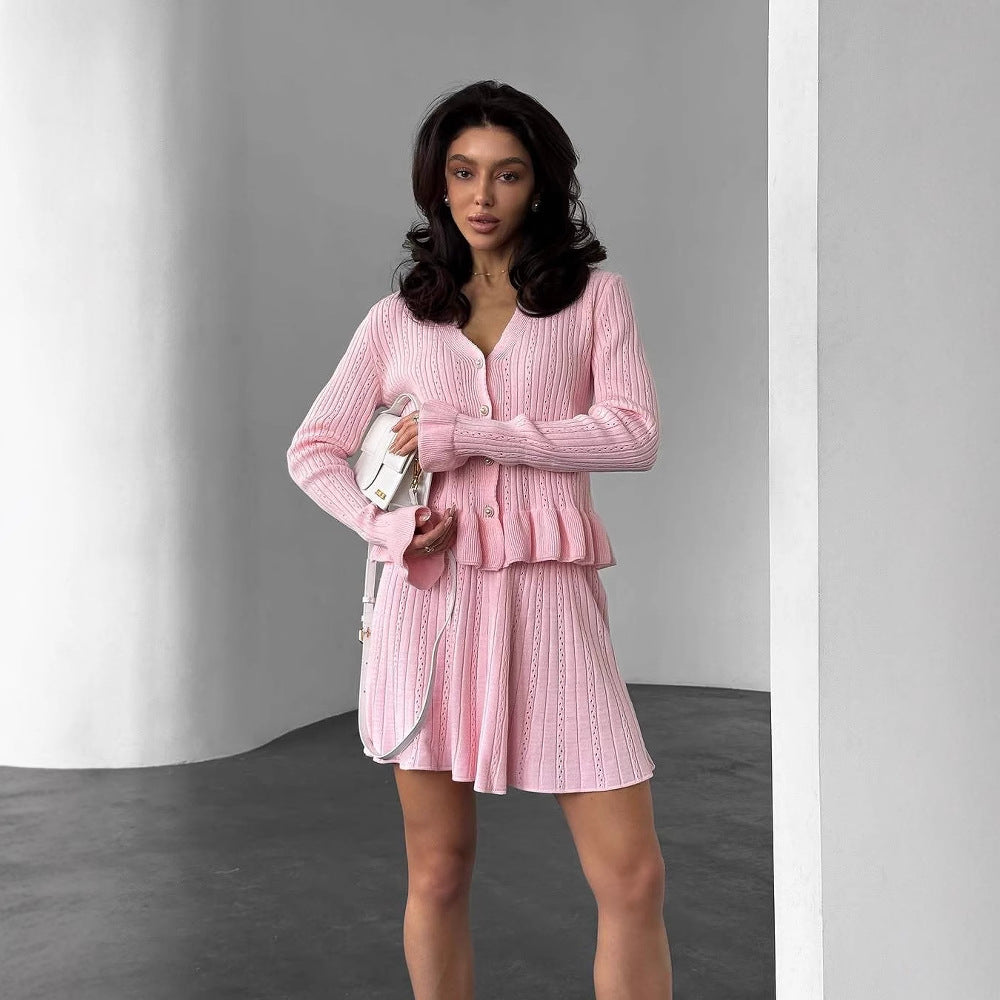 Women's ribbed knit coordinated set, V-neck button top with flared mini skirt, chic modern style