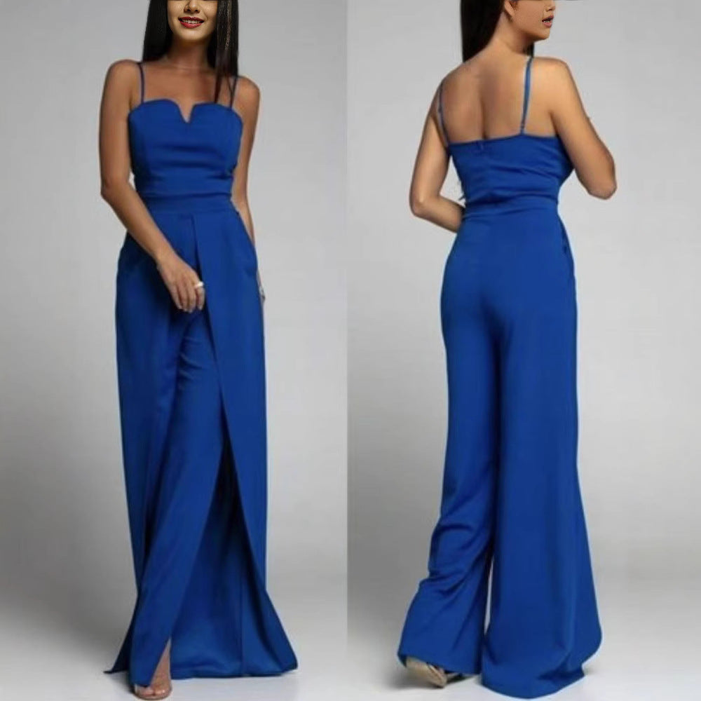 Women's strapless slim-fit wide-leg jumpsuit with front slit, elegant party one-piece