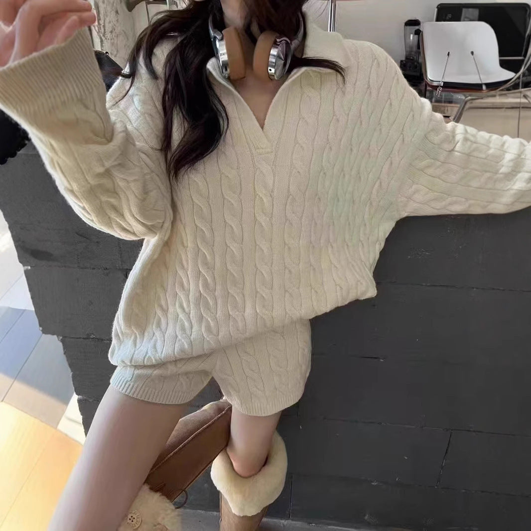 Women's wool blend cable knit two-piece pullover set high collar relaxed fit long sleeve