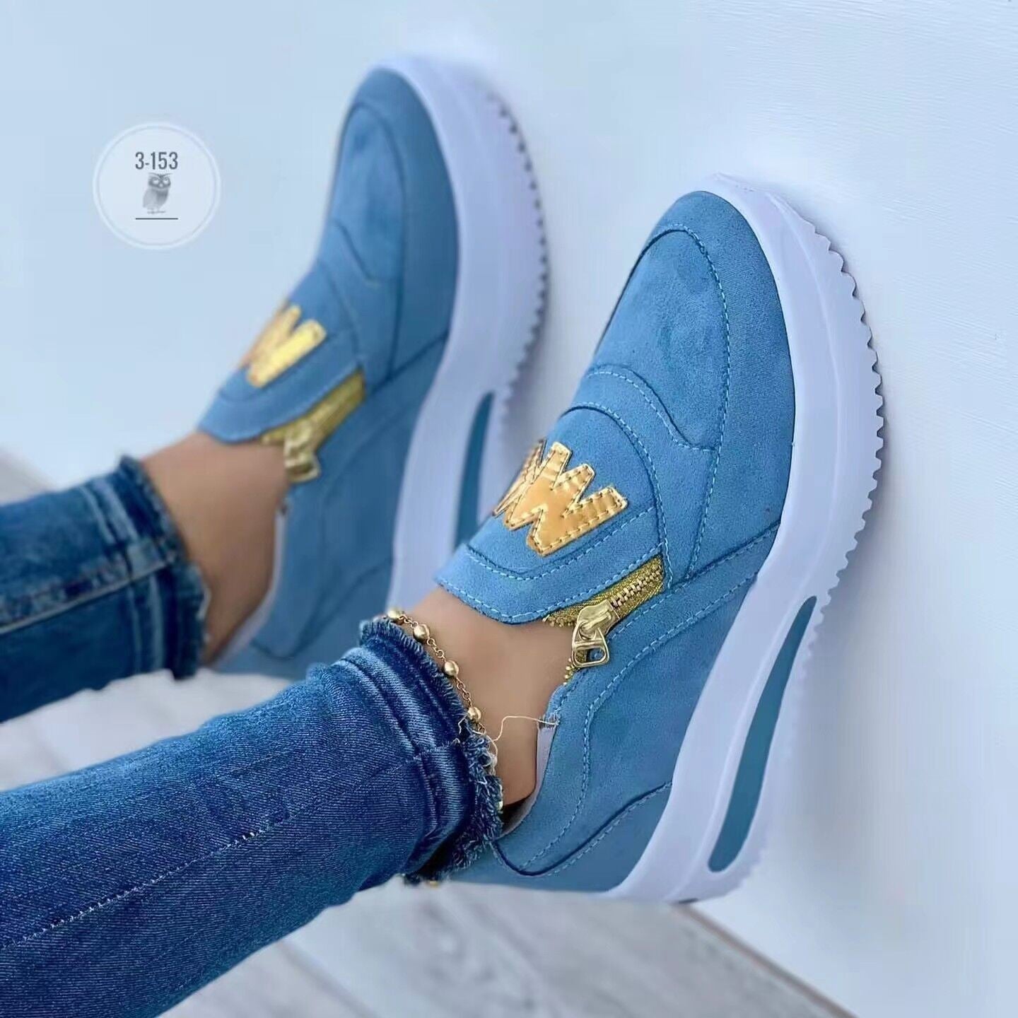 Women's low-top sneakers beige suede panels gold zipper thick sole casual everyday style