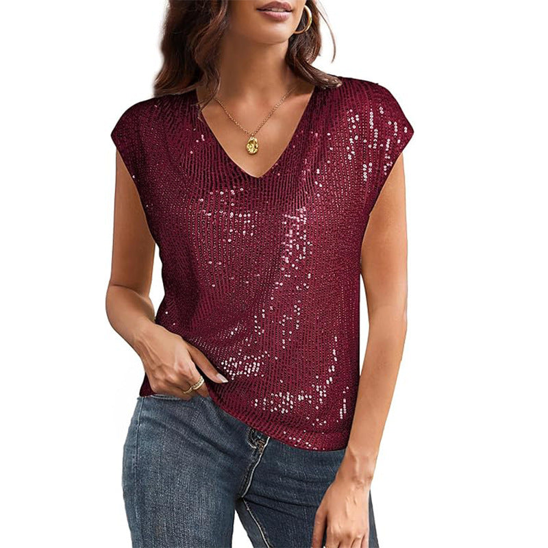 Women's sparkly silver metallic V-neck top short sleeve elegant fit with shimmering threadwork