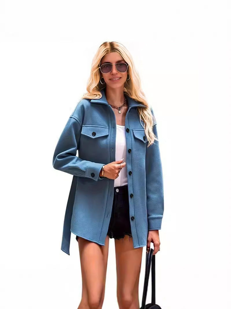 Women's oversized wool short coat with lapel collar and button front closure for polished layering