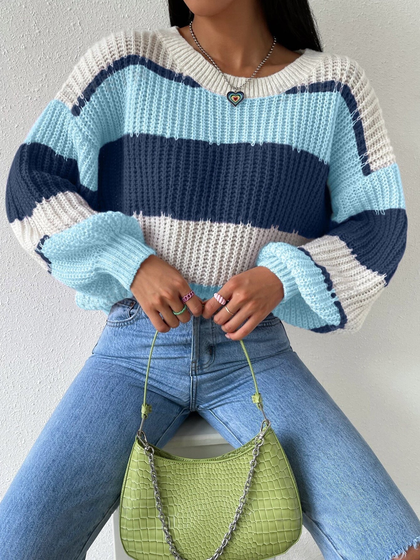 Women's striped knit pullover sweater classic cozy fit breathable fabric everyday layering essential