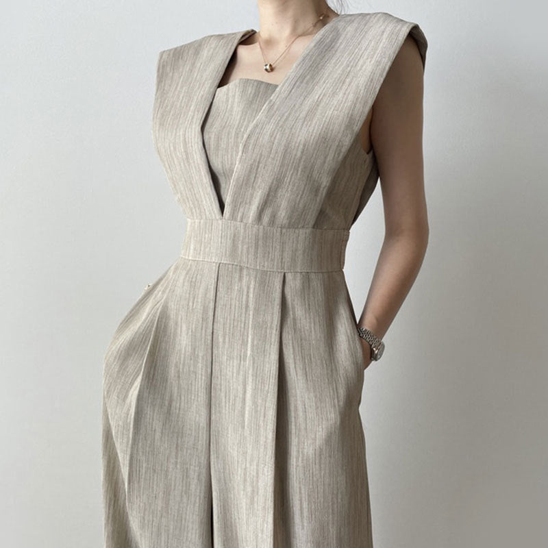 Women's sleeveless wide-leg jumpsuit square neck high waist full-length elegant Nordic style