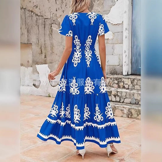 Women's floral maxi dress V-neck A-line silhouette with double-tiered ruffles, lightweight boho beach style