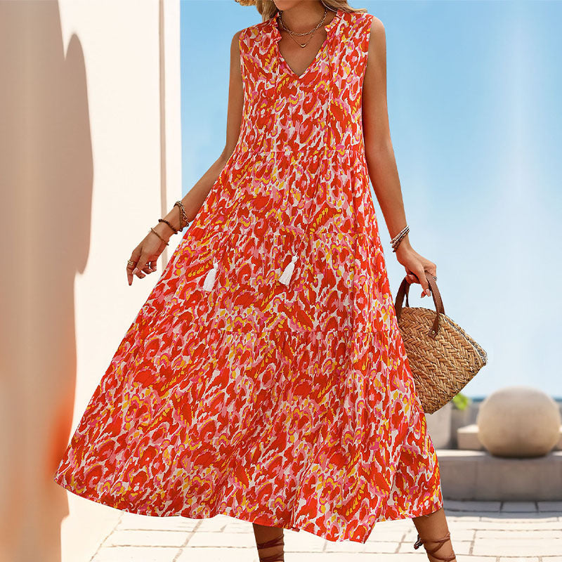 Women's sleeveless A-line midi dress lightweight breathable cotton blend summer casual style