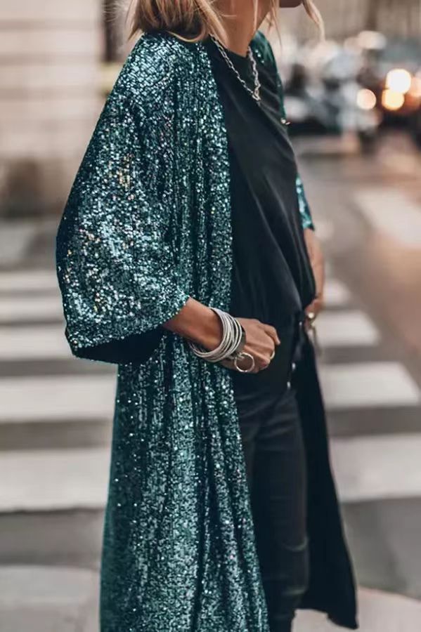 Women's sequin embellished relaxed fit open front cardigan with three quarter sleeves party style