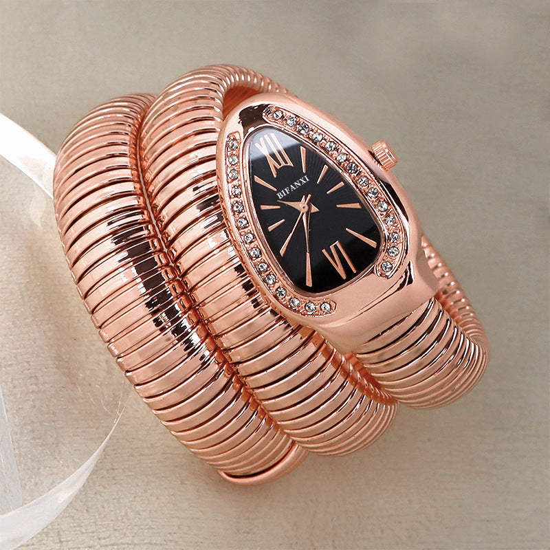 Women's snake-inspired quartz watch with custom bracelet, lightweight elegant accessory in timeless design